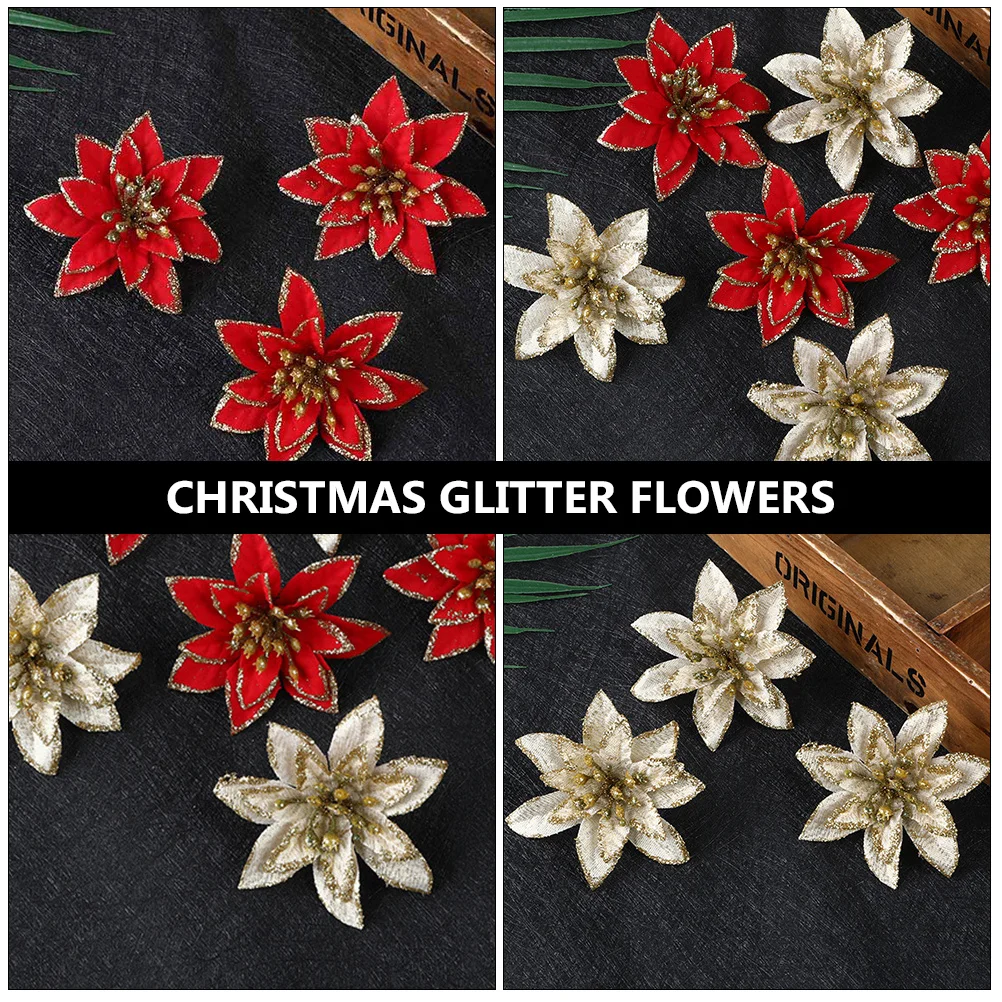 

24Pcs Christmas Glitter Flowers Christmas Tree Decor 8Cm Artificial Silk Flowers Reusable Party Wedding Ornament