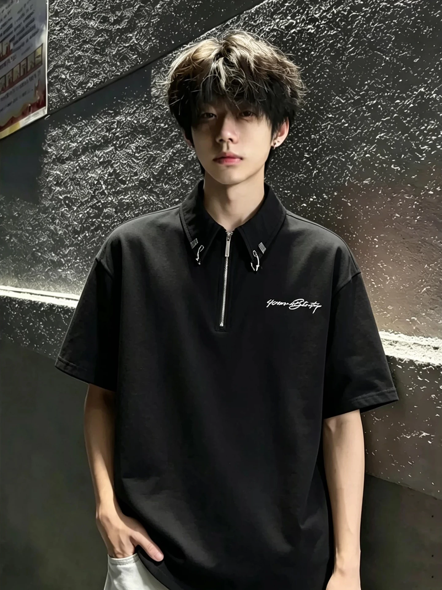 Cleanfit Metal Buckle Short Sleeve Men's T-shirt Collared Black Half Zip Summer Fashion Casual Wear Standard Fit Youth 