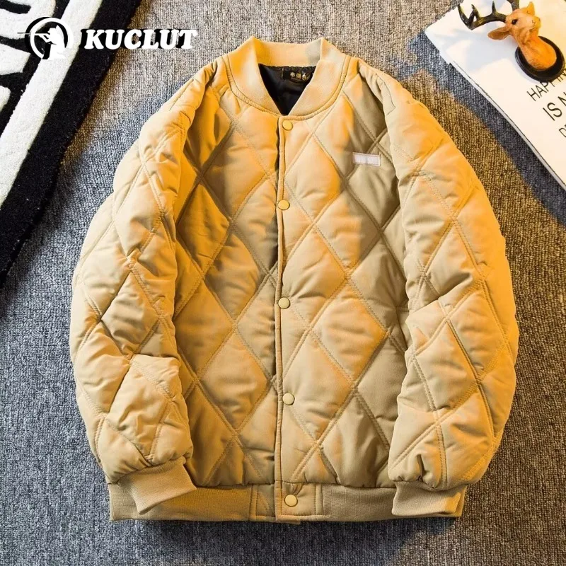 Men Winter Vintage Padded Jacket Loose Warm Durable Diamond Quilted Suitable Outdoor Sports Training Casual Wear Baseball Style