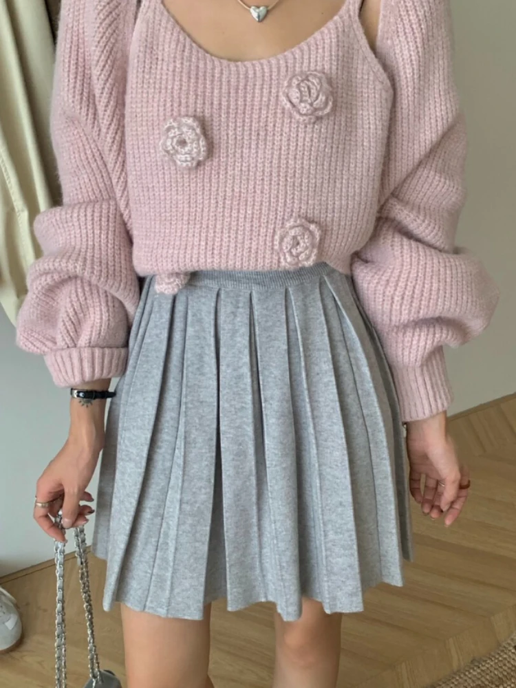 Minifaldas de moda coreana para mujer, Falda plisada de punto gruesa, estilo Preppy, Falda corta negra de cintura alta, Otoño Invierno