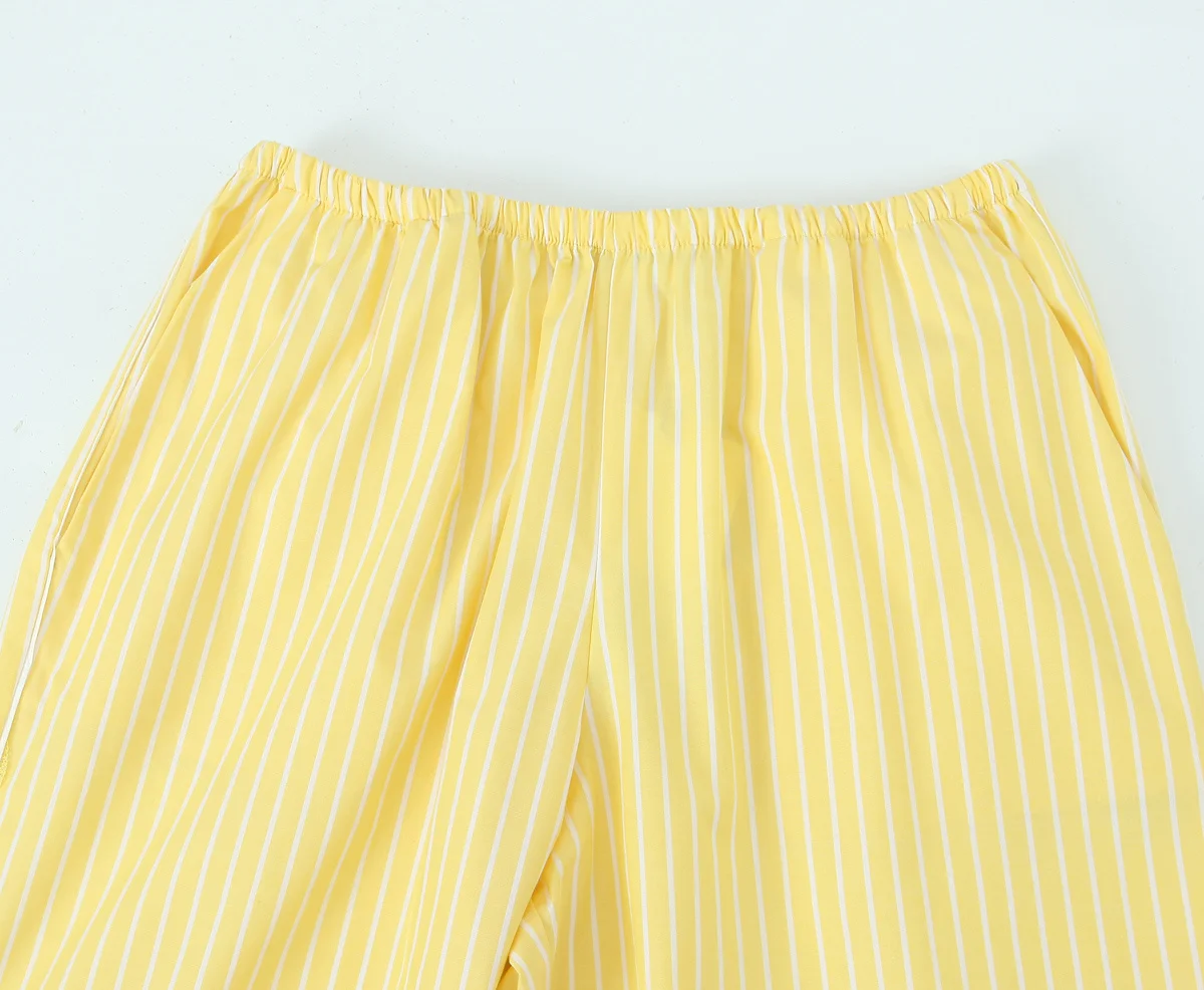 TRAF Yellow Striped Pants for Women High Waist Baggy Pants Woman Pleated Straight Leg Pants Women Summer Holiday Women\'s Pants