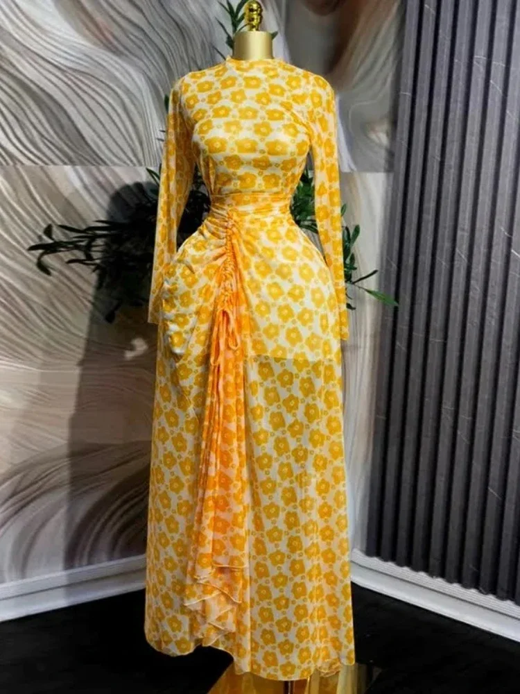 

2025 NewSummer Floral Printed Women Long Sleeve Elegant Drawstring Ruched Up Maxi Long Dress Night Club Party Dresses Vestidos