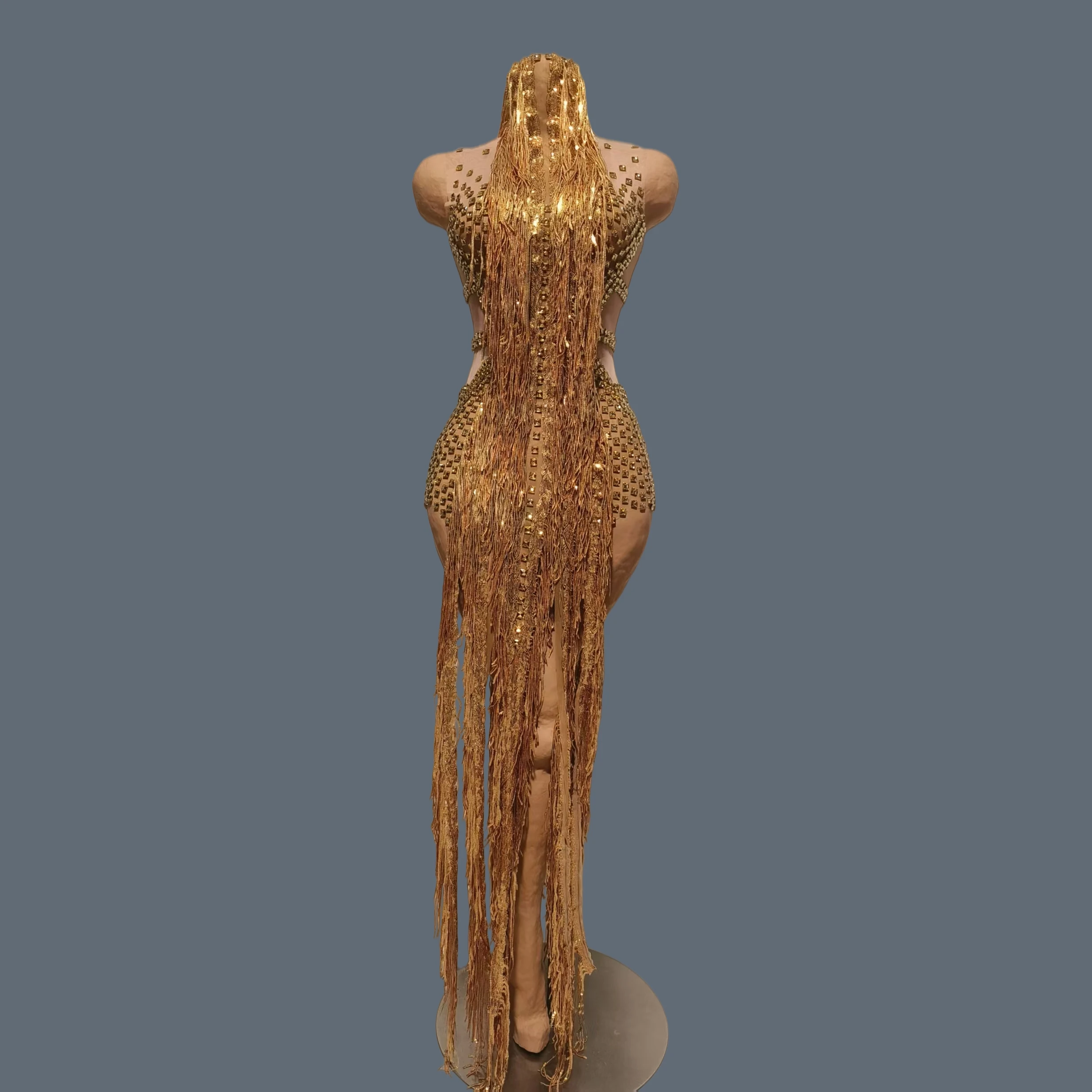 

Luxury Gold Sparkly Rhinestone Tassel Sheer Mesh Mini Dress Sexy Sleeveless Party Event Dance Show Tight Fitting Dress Jintiao