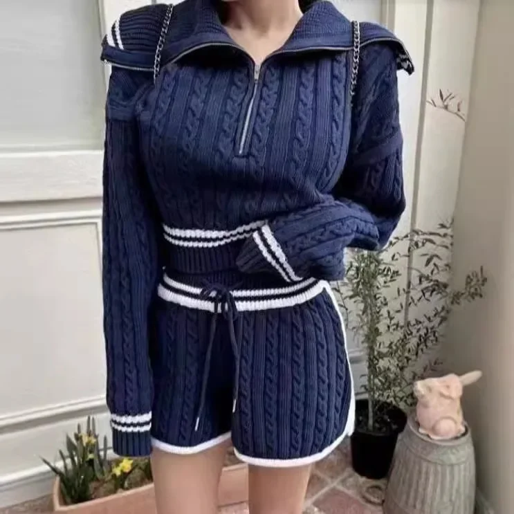 2025 Autumn High-Waisted Cropped Knitted Top Shorts Women's Korean Style Cable Knit Lapel Color Blocking Waist-Fitted Suit