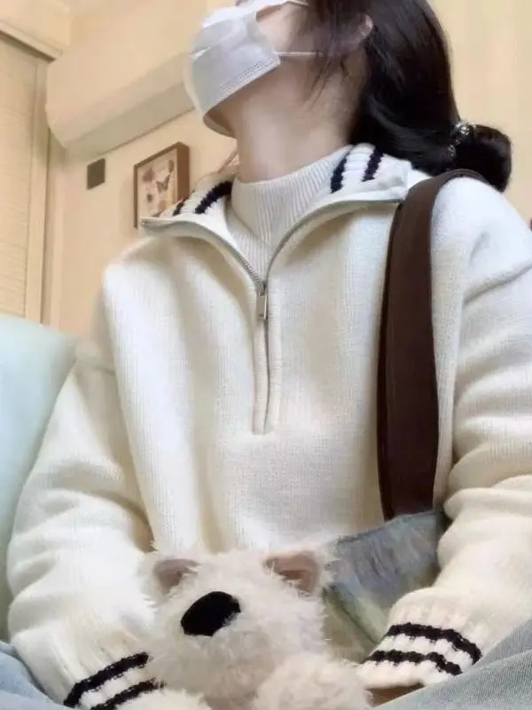 

Women's Winter Zipper Sweater Soft Lazy Design Knitted Top College Sle Milkin Fluffy Comfortable Fit Long Sve Crew Ne