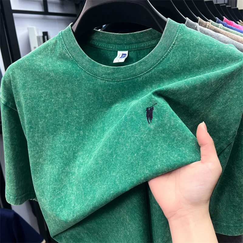 Marke Pony Stickerei Herren Kurzarm T-Shirt High-End-Mode Krawatte Färben Rundhals Luxus Seide Baumwolle atmungsaktiv Paul Top