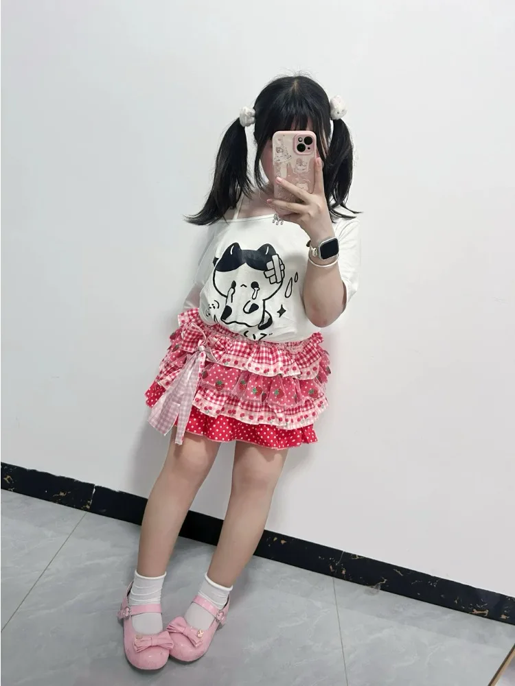 Summer Red Strawberry Plaid Y2K Cute Skirts Sweet Girl Bow Patchwork Cake Mini Skirt Japanese Kawaii Design Casual Outfits 2025
