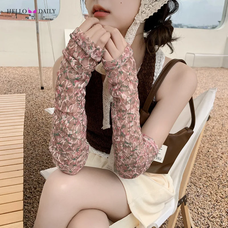 Summer Sun Protection Sleeves Women Fashion Floral Mesh Lace Thin Long-Sleeved Breathable Cycling Gloves Driving Arm Sleeves