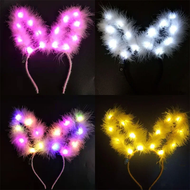 

20pcs Led Rabbit Ear Headbands Girls Feather Wreath Luminous Hairbands Party Glow in The Dark Party Wedding Birthday Supplies