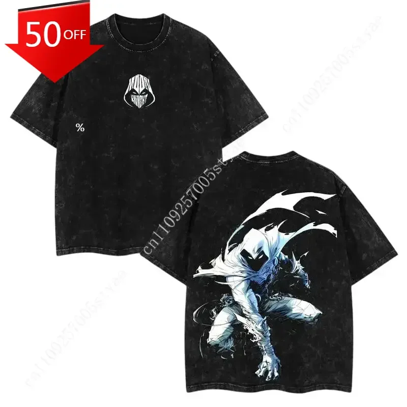 

Marvel Moon Knight Vintage Tee Washed Oversized Crescent Warrior Shirt Crescent Graphic Men Women Retro Short-Sleeve T-Shirt