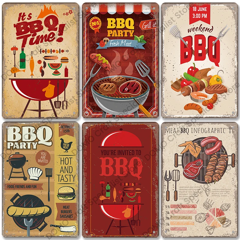 Vintage Barbecue Plaques Metal Tin Signs Grill Meat Steak Sausage Retro Metal Plate Wall Decor BBQ Party Shop Dining Room