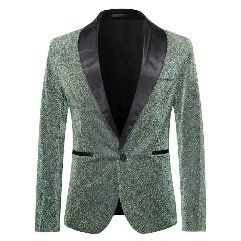 Blue Champagne Gold Silk Suit Jacket Men's Fashion Wedding Groom Prom Singers Blazers Slim Fit Casual Coat Host Stage Clothes