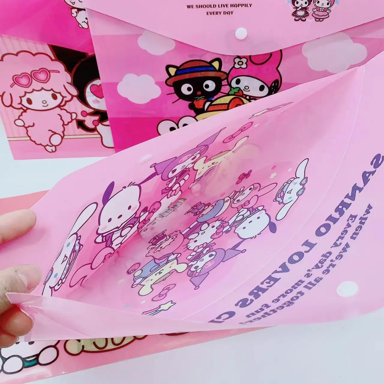 12-24pcs Sanrio Melody Kuromi Cinnamoroll Cartoon Anime Cute Waterproof Pvc Folder A4 Buckle informazioni Bag File Storage Bag