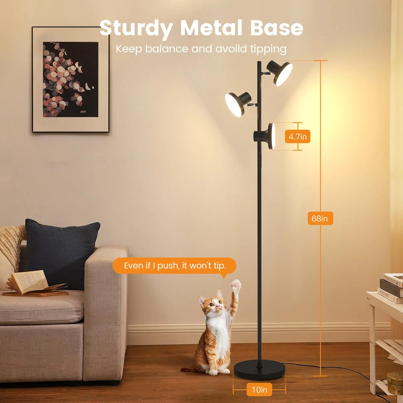 LED Tree Floor Lamp, Modern Dimmable Standing Lamp with Remote & Touch Control, 3 Rotatable LED Light Floor Lamps