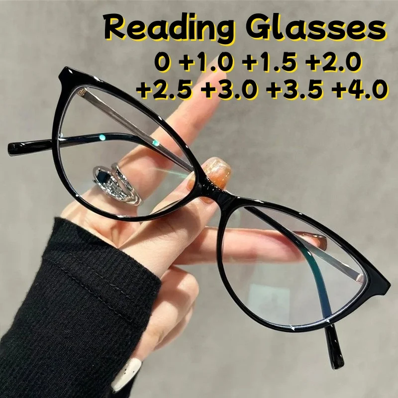نظارات قراءة عالية الوضوح مضادة للضوء الأزرق، نظارات أنيقة على شكل عين القطة وخفيفة للغاية لقصر النظر الشيخوخي مع الديوبتر الزائد من 0 إلى +4.0