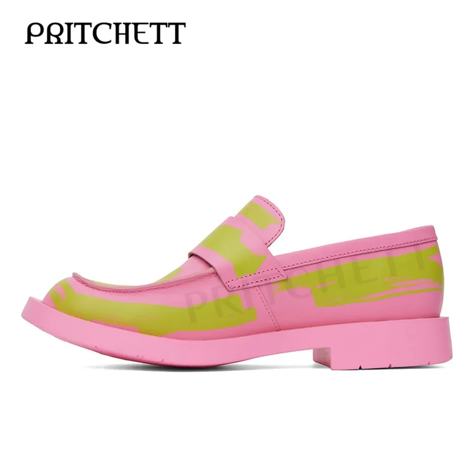 Pink Color Block Loafers Round Toe Square Root Slip-On Leather Casual Shoes Large Size Comfortable and Fashionable Men's Shoes