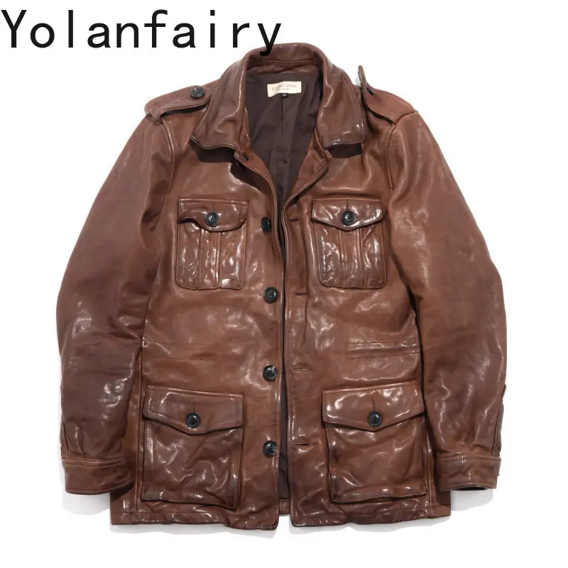 

YOLANFAIRY 100% Genuine Leather Jacket Men First Layer Vegetable Tanned Cowhide Leather Coat Vintage Distressed Leather Jackets