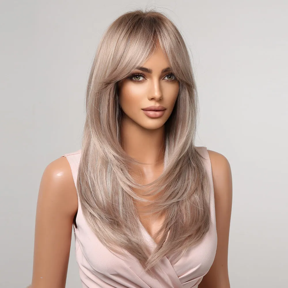 GEMMA Ombre Brown Blonde Long Straight Synthetic Wigs with Bangs Grey Highlight Cosplay Wig for Women Natural Fake Hair