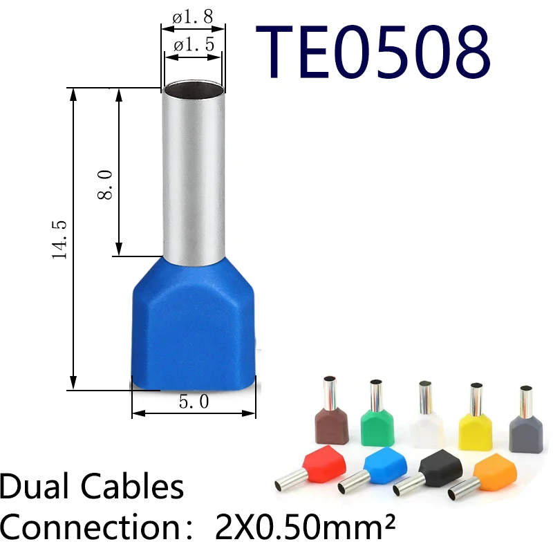 Conector de extremo de Cable de bloque eléctrico, terminal de crimpado de casquillos aislados, serie TE, 100 piezas, 2x0,5mm ² ~ 16mm ²