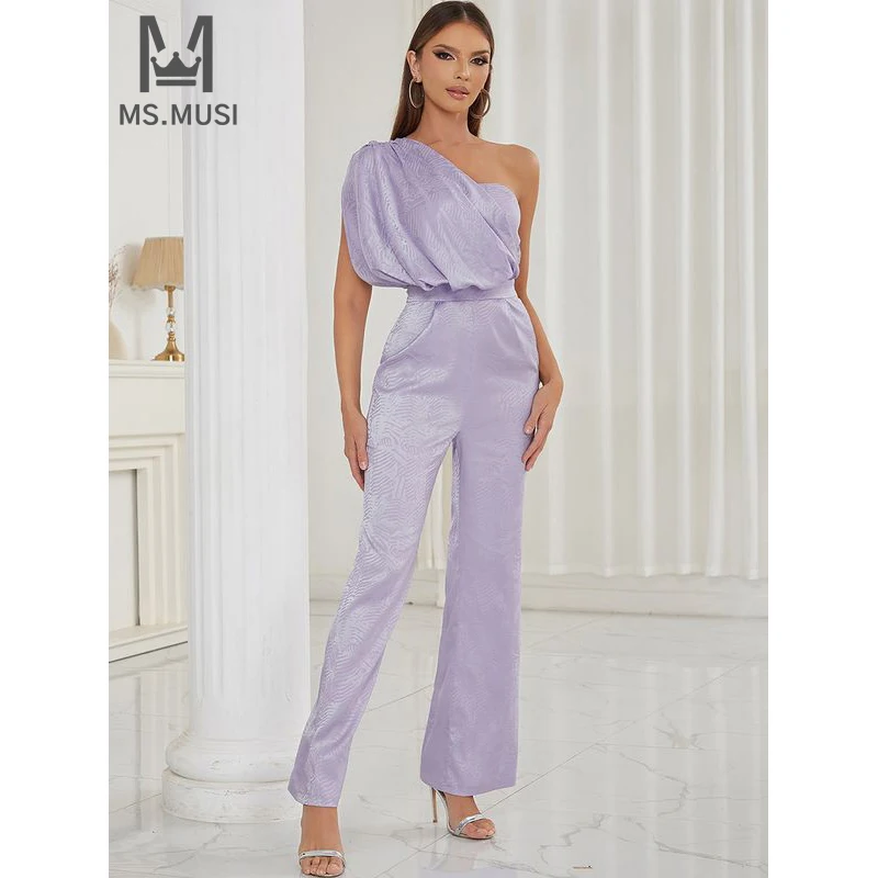 MSMUSI 2025 New Fashion Women Sexy One Shoulder Draped Sleeveless Backless Bodycon Party Club Slim Flare Long Pant Lady Jumpsuit