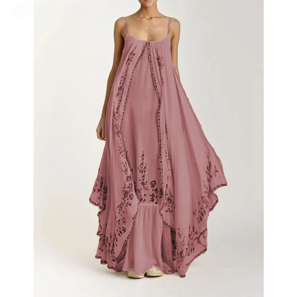 Printed Maxi Dress Women Big Swing Loose Print Stitching Strapless Spaghetti Strap Floor-Length Summer Dress