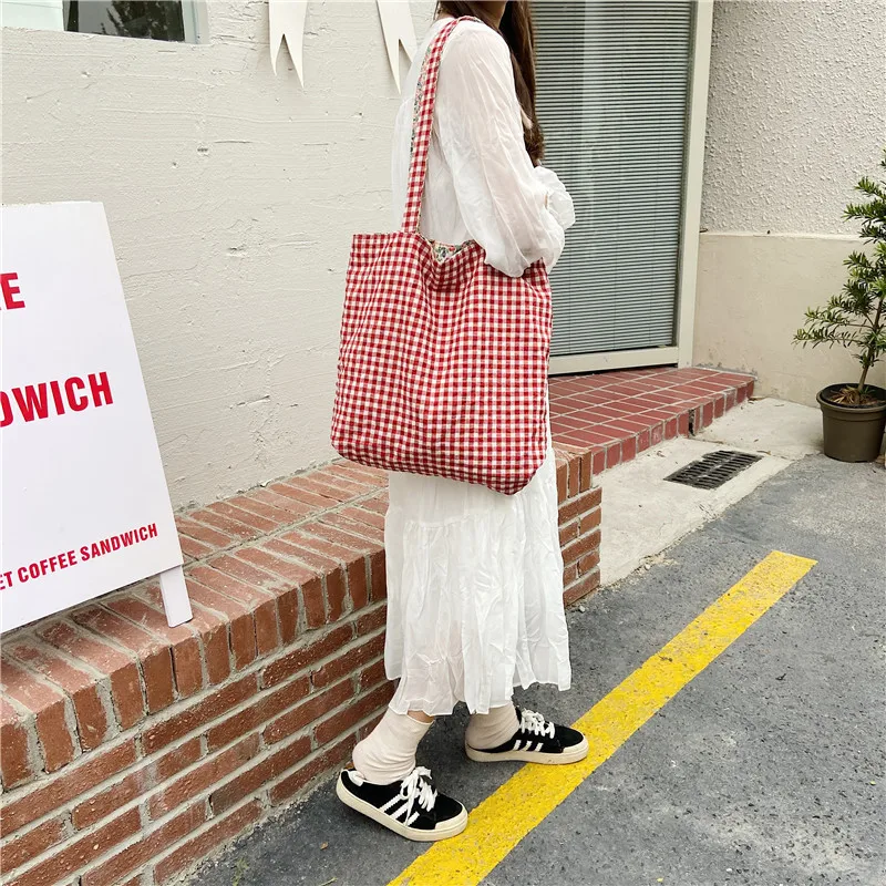 Casual Plaid Flower Women Shopping Bag Large Capacity Ladies Daily Tote Handbags Cotton Cloth Double-sided Girls Shoulder Bags