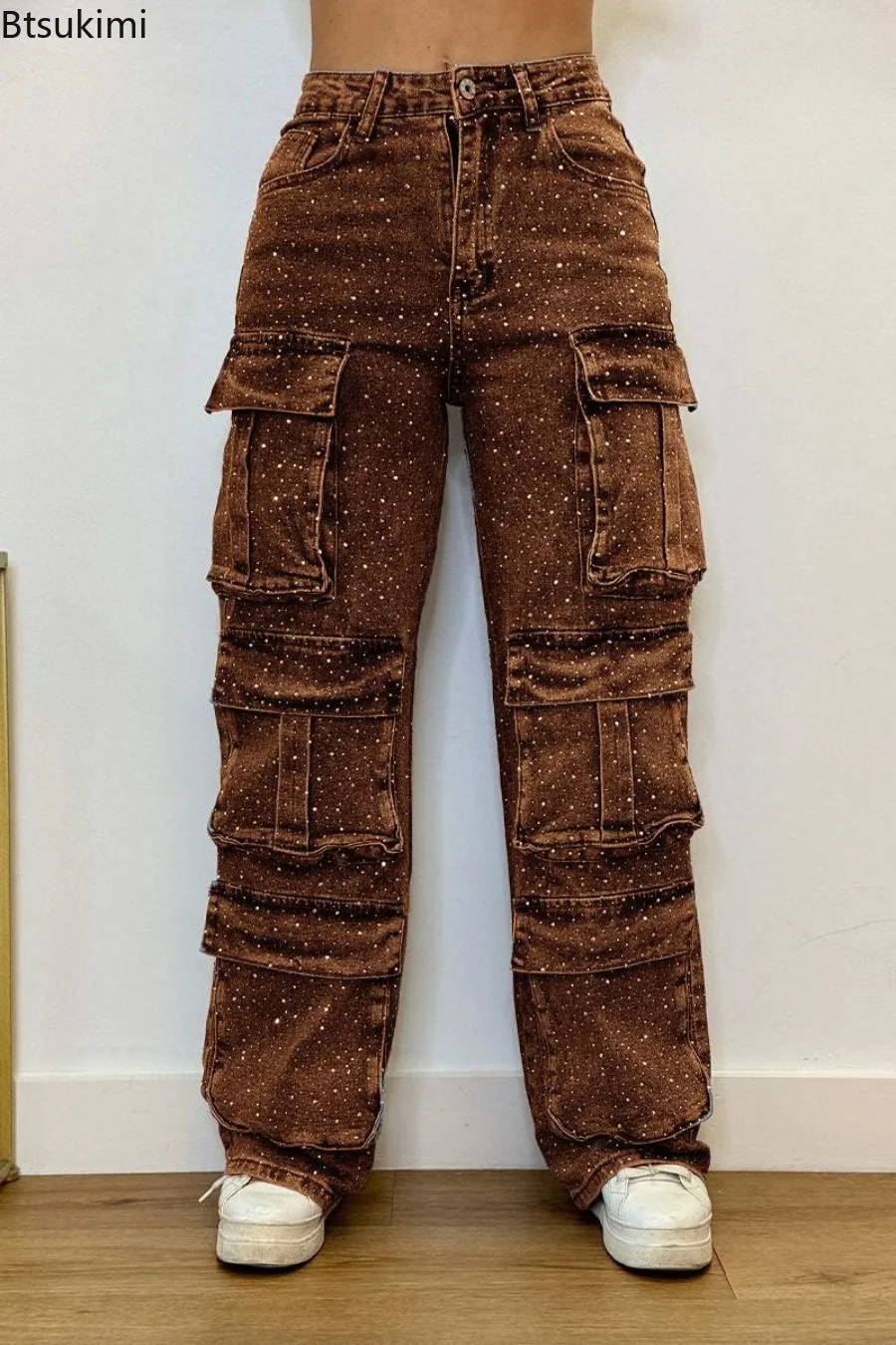 New 2026 Women's High Waist Cargo Denim Jeans with Full Rhinestones Sparkling Casual Baggy Pants Streetwear Chic Daily Trousers