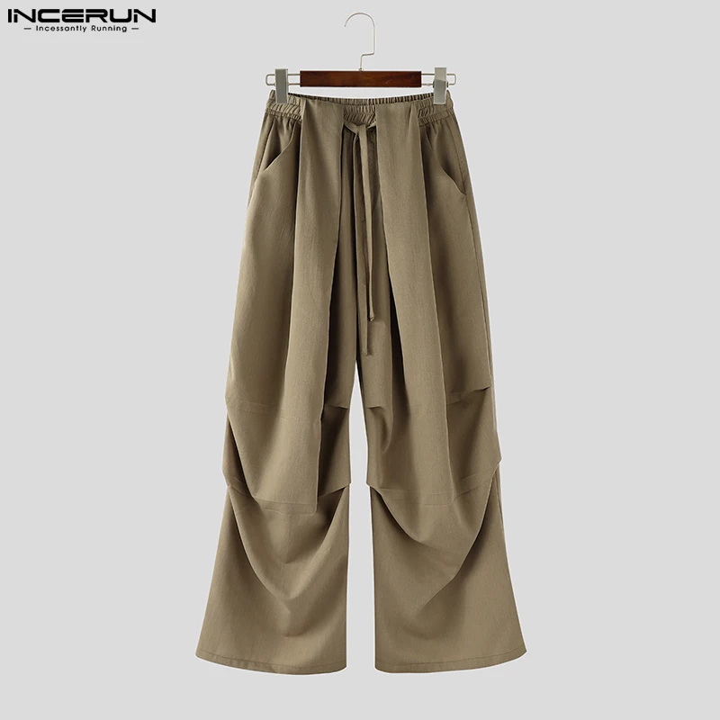 

INCERUN Men Pants Solid Color Lace Up Joggers Loose Casual Trousers Men Streetwear 2025 Pleated Fashion Male Long Pants S-5XL