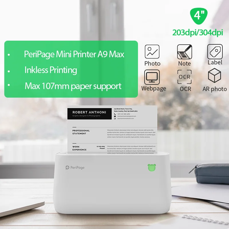 PeriPage A9s Max Series Portable Mini Thermal Printer For Labels Receipts Photo Compatible With IOS Android APP 203 and 304 Dpi