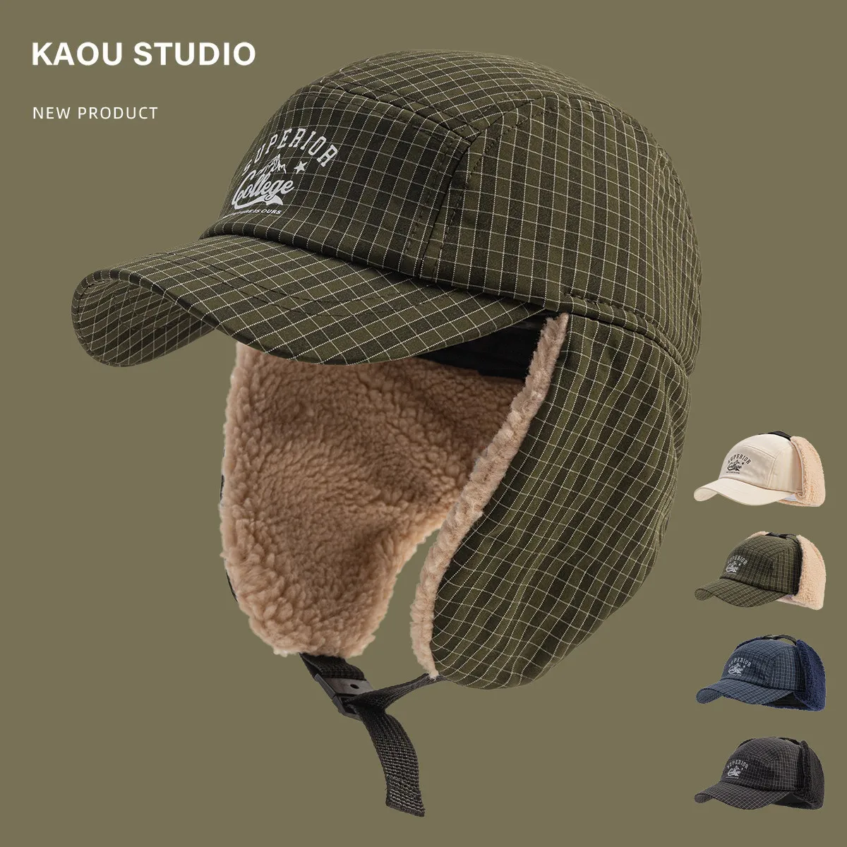 Vintage plaid pilot hat - unisex winter warm fleece baseball cap - outdoor thickened earflap lei feng hat