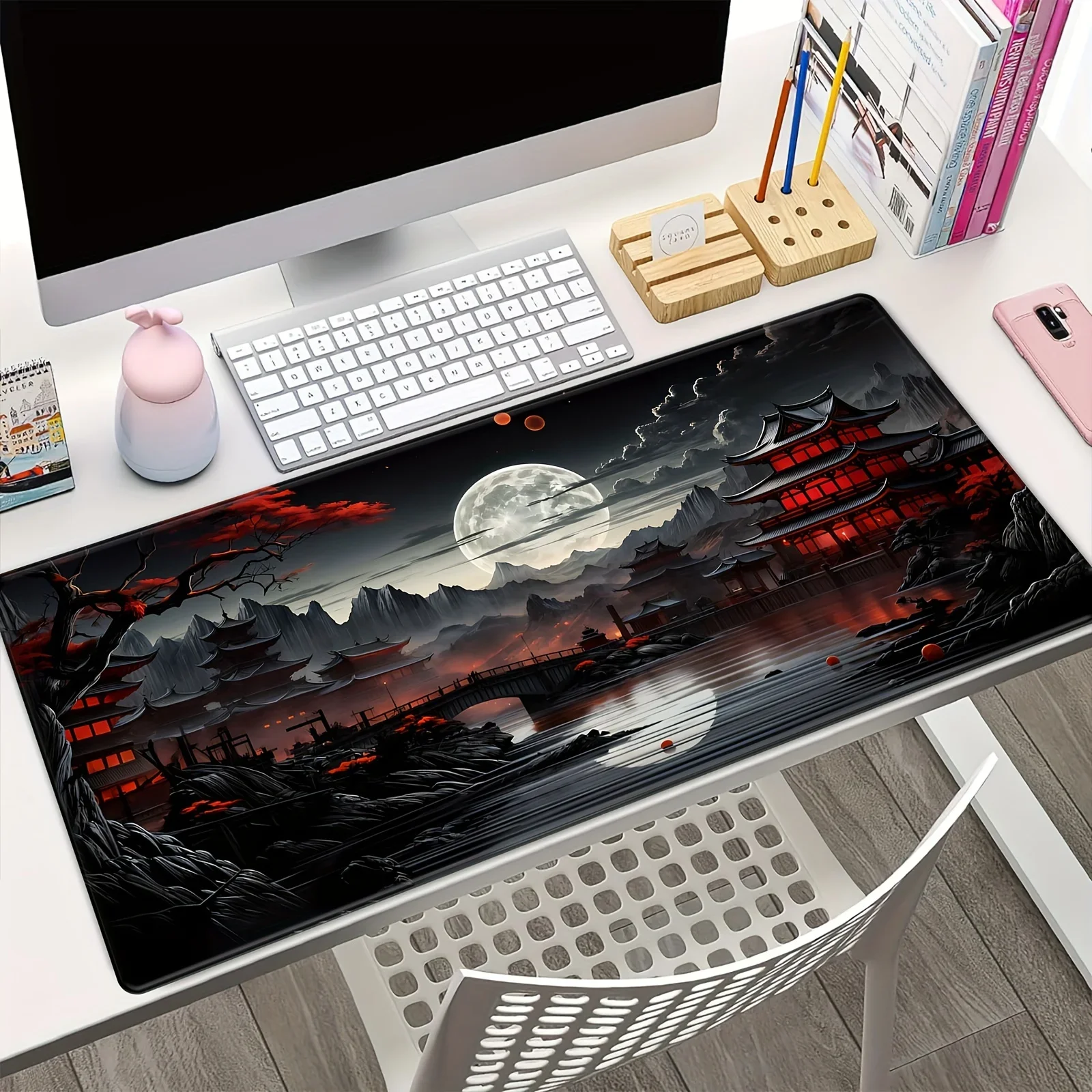 Schreibtischunterlage im japanischen Stil mit Vollmond-Fluss-Landschaft, rutschfestes Gummi-Gaming-Mauspad, erweiterte Tastaturmatte für Büro und Zuhause D