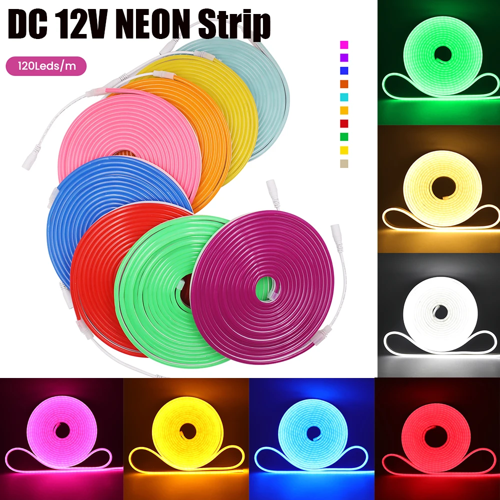 DC 12V Neon Strip Waterproof 2835 120Leds/M Home Garden Decor White/Blue/Pink/Yellow/Red/Green Flexible Ribbion Rope LED Strip