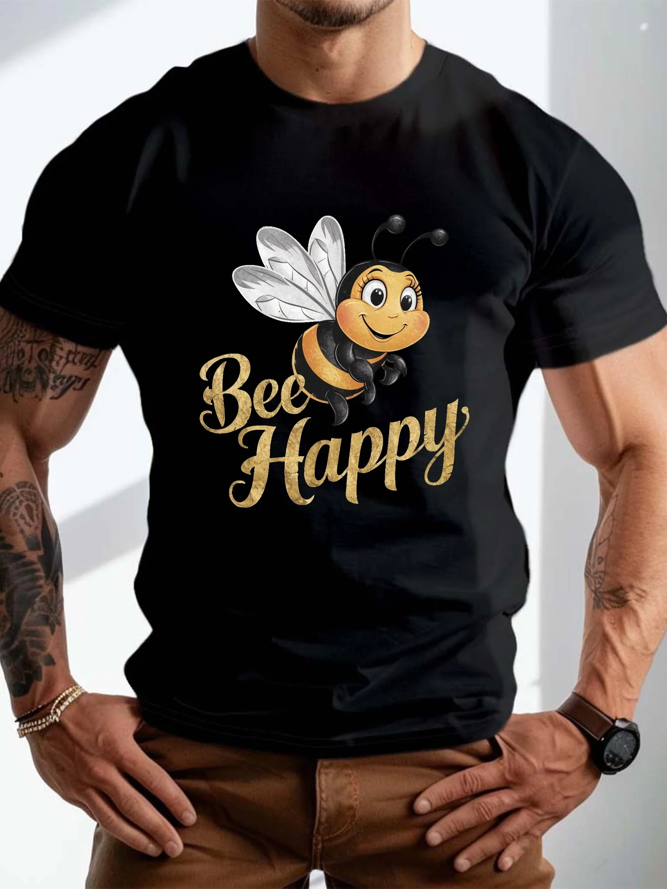 Plus-Size Bee Print T-Shirt, Men's Casual Comfortable T-Shirt, Casual Short-Sleeve Top for Big and Tall Individuals