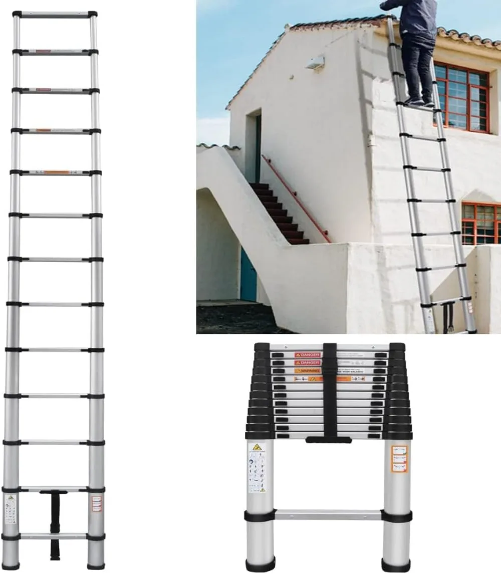 Aluminum Telescoping Portable Extension Ladder 12.5FT Anti-Slip Telescopic Collapsible Attic Ladder Rv