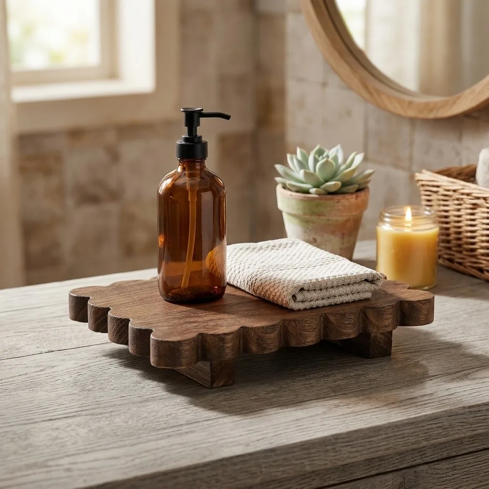 Scalloped Wooden Tray Stand for Home Decor For Soap Candles Perfume Plants Farmhouse Style 22x15x4cm Dimensions