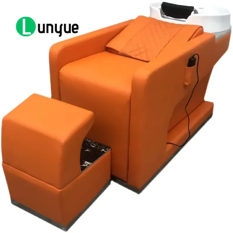 Luxury Electric Shampoo Bed Orange Gold Plated Edge Half Room Design Massage Function Hair Washing Station for Beauty