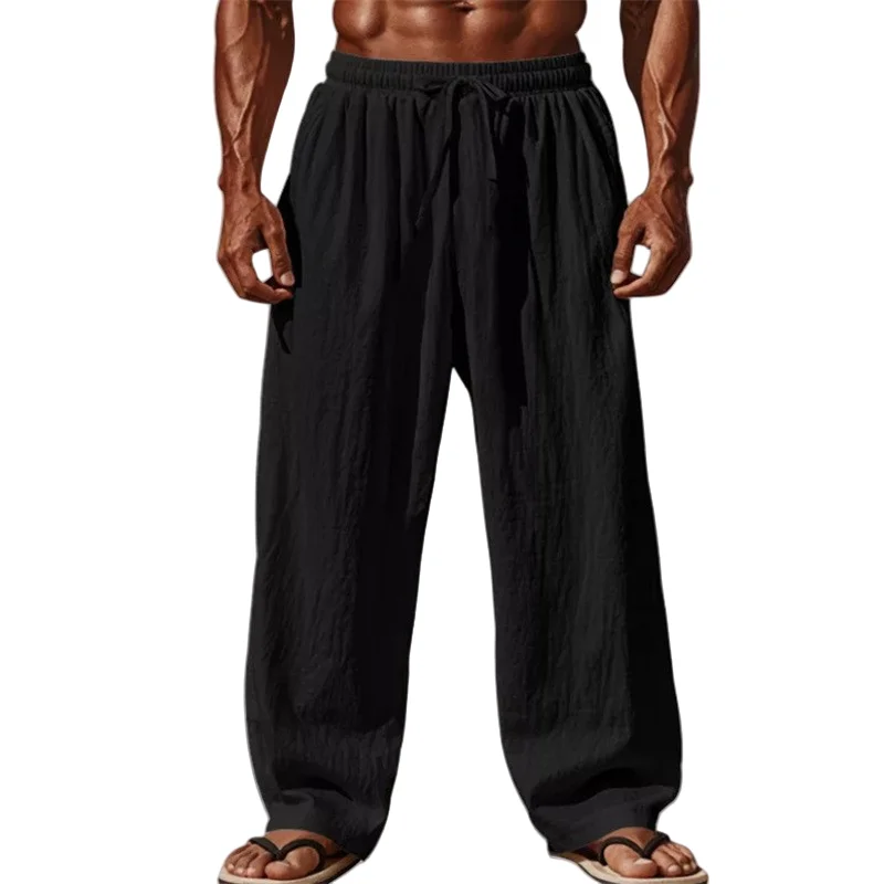 2025 New Men Cotton and Linen Casual Pants Simple and Comfortable Straight Leg Pants Waist Drawstring Plus Size Looser S-4XL