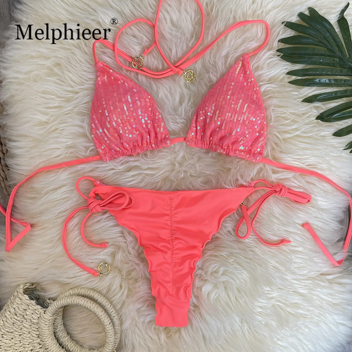

Melphieer Swim 2pcs Women's Summer Beach Holiday Ruching Bum Sequins Sparkle Glitter Plain Halter Strap Bikini Swimwear Set