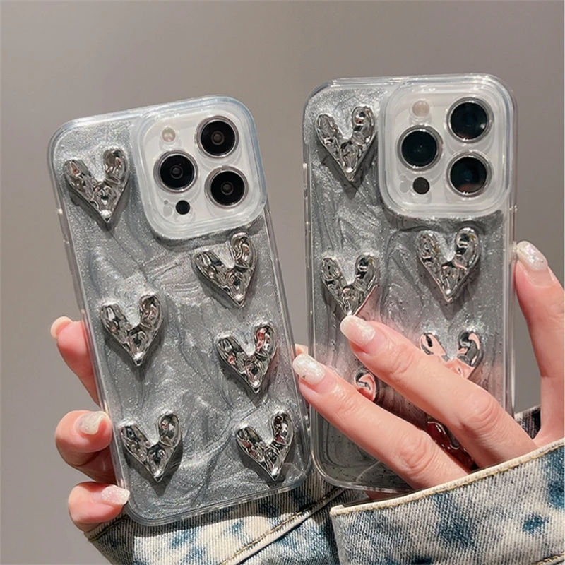 Etui na telefon Retro Ins świecące serce miłości do iPhone\'a 15 14 13 12 11 Max Ultra-cienki brokat 3D epoksydowo srebrna miękka tylna obudowa