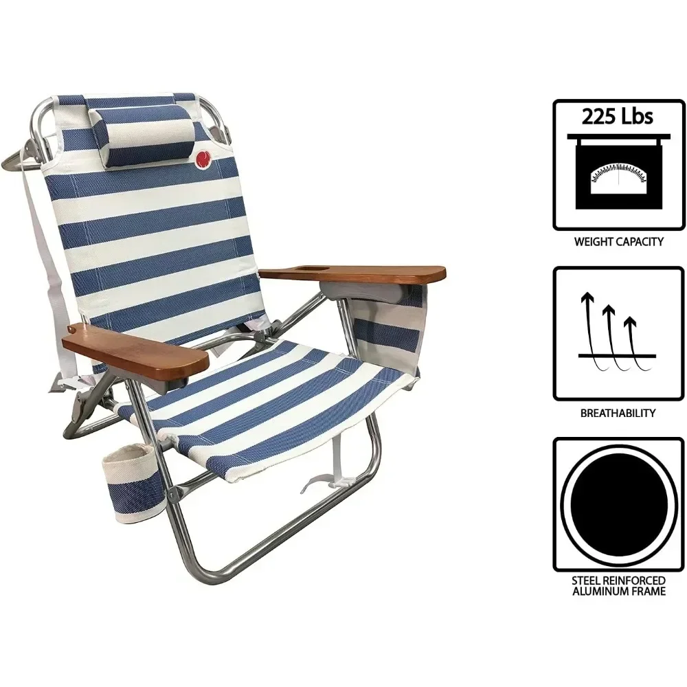 Designs Multi-Position Wood Arm Beach Chair| Headrest, Media Organizer Pocket, Cup Holder, textilene Fabric, Dual Backpack Carry