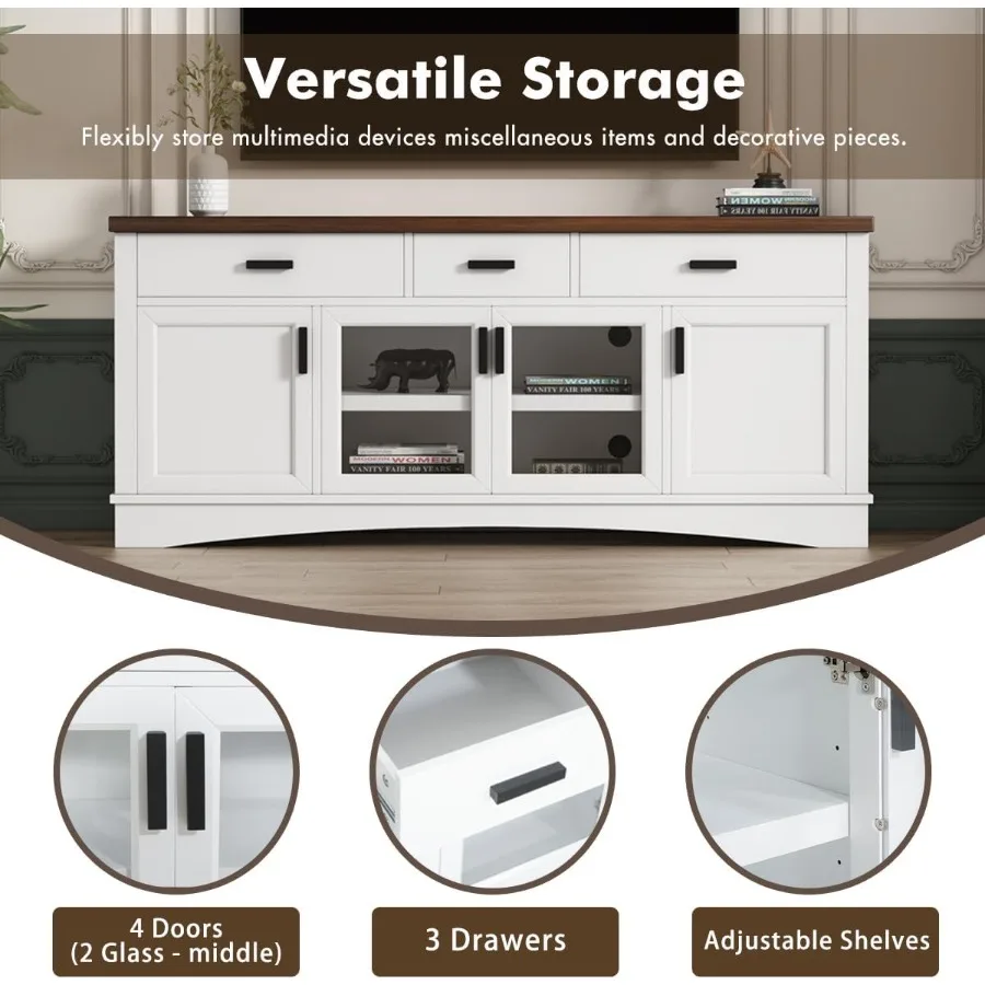 67 حامل تلفزيون مع أبواب وأدراج زجاجية لغرفة المعيشة، مركز ترفيه حديث مع خزانة تخزين، أرفف قابلة للتعديل