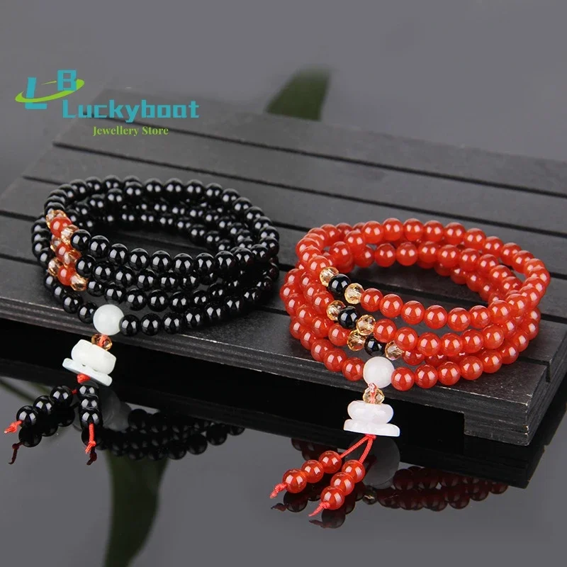 

Emerald Jade Lotus Pendant Bracelet Fashion Couple Buddha Bead Multilayer Beaded 108 National Wind Black Red Agate Bracelet