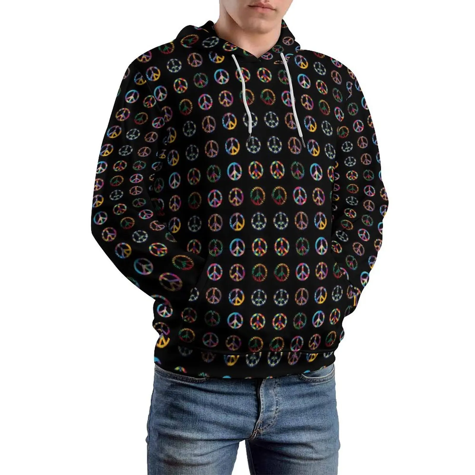 Peace Signs Loose Hoodies Groovy Retro Print Aesthetic Hoodie Male Long Sleeve Oversized Street Fashion Graphic Clothing