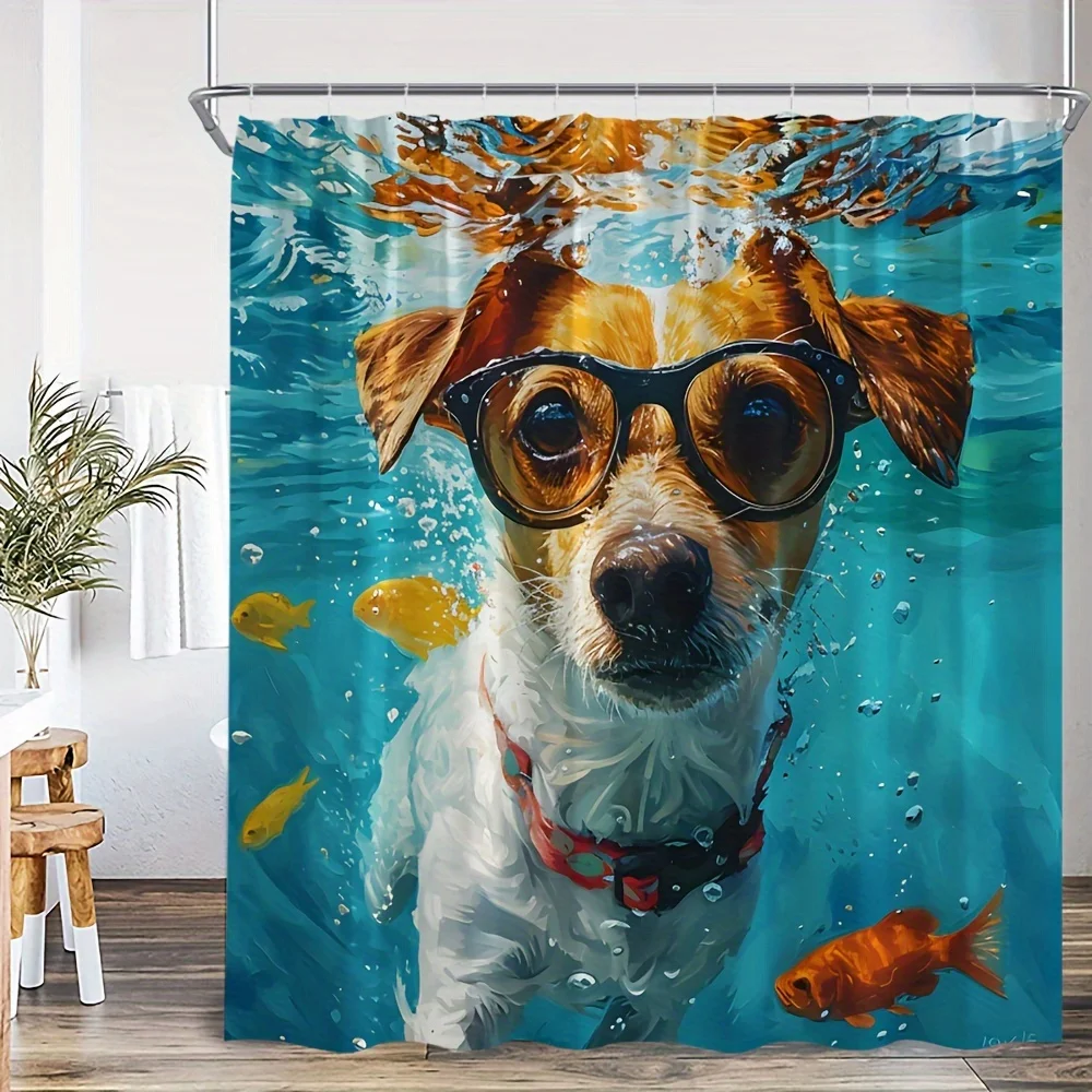 Oil Painting Jack Russell Terrier Dog With Glasses Underwater Tropical Fish Blue Water Print Shower Curtain Waterproof Mildew Re