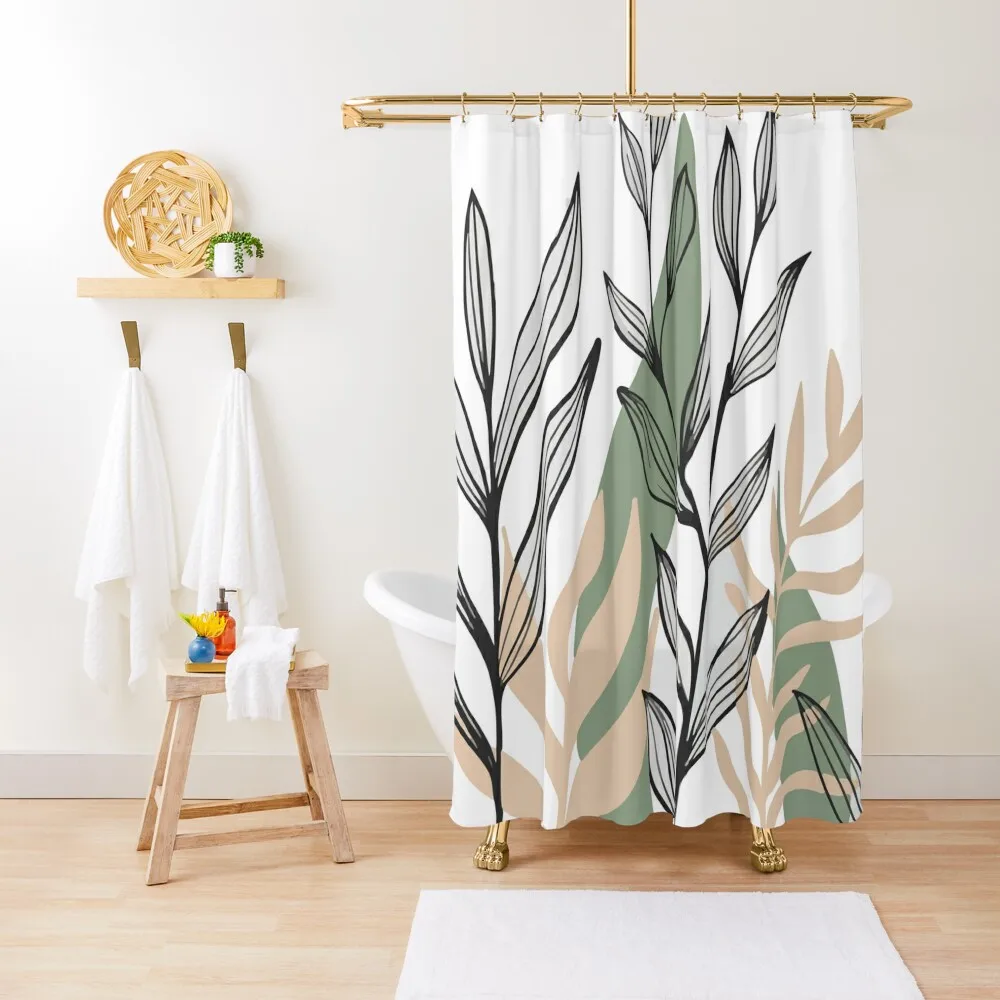 Flowers Leaves Brown Green Black and Beige Shower Curtain Shower Set For Bathroom Bathroom Shower Set Bathroom Showers Curtain