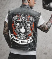 Men's Spring And Summer Four Seasons New Hot-selling Street Riding Motorcycle Peng Skull Print Sleeveless Vest Denim Jacket
