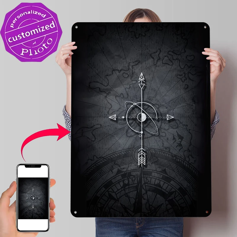 Compass Arrow on Map Tin Poster Customized Wall Art Retro Vintage Metal Signs for Fans Room Apartment Decoration At Home Decor