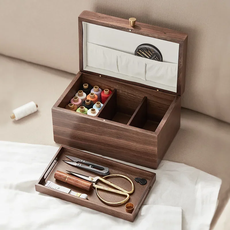 Wooden Multi-Functional Storage Box – Solid Brass Hands DesignAdjustable PartitionsHigh-End Sewing Tool Organizerand Home Decor