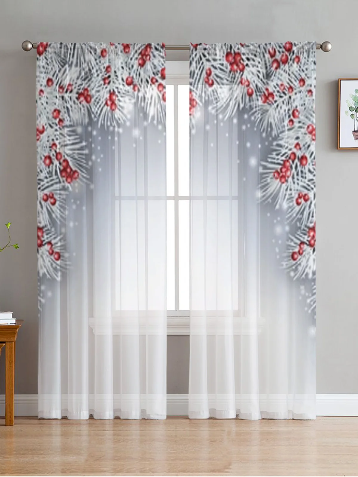 Silver Fir Twigs And Berries Tulle Curtain For Living Room Bedroom Kitchen Decoration Window Voiles Tulle Curtain