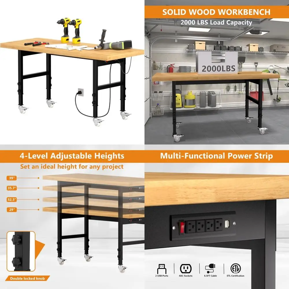 منضدة عمل من الخشب الصلب شديدة التحمل مع ارتفاع وعجلات قابلة للتعديل، سعة 2000 رطل، تتضمن منافذ الطاقة، القوة الصناعية #1